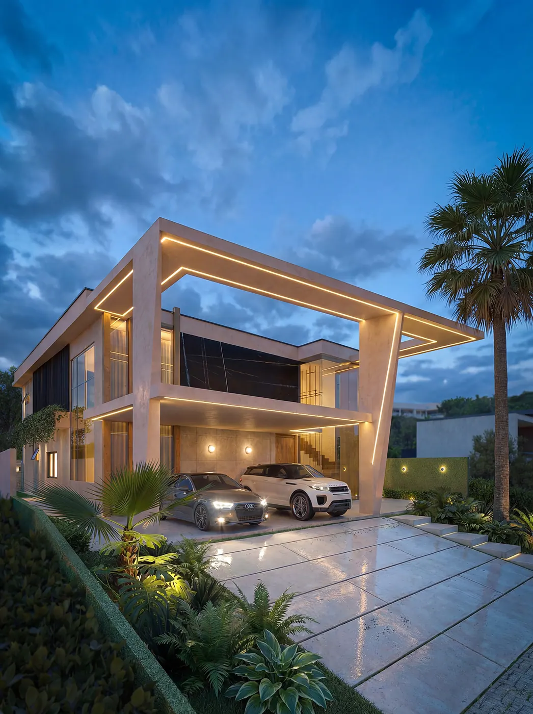 Render 3D de fachada de casa contemporânea à noite, com iluminação linear e carros na garagem