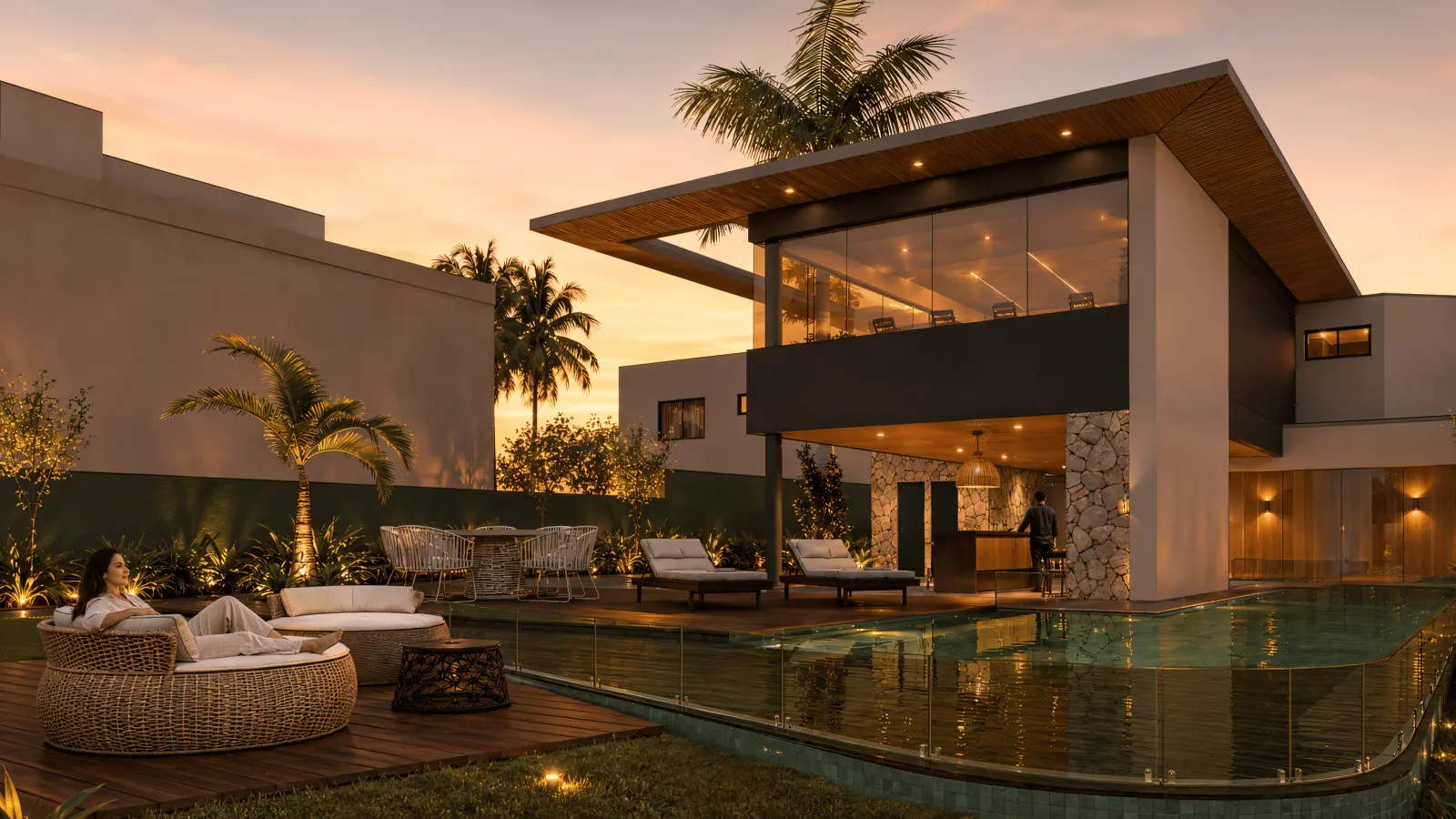 Render 3D de casa de condomínio à noite, com piscina e deck de madeira