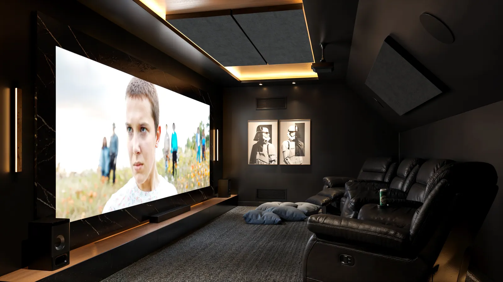 Render 3D de home cinema privativo com poltronas reclináveis e tela grande